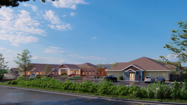 One-level healthcare facility, surrounded by trees